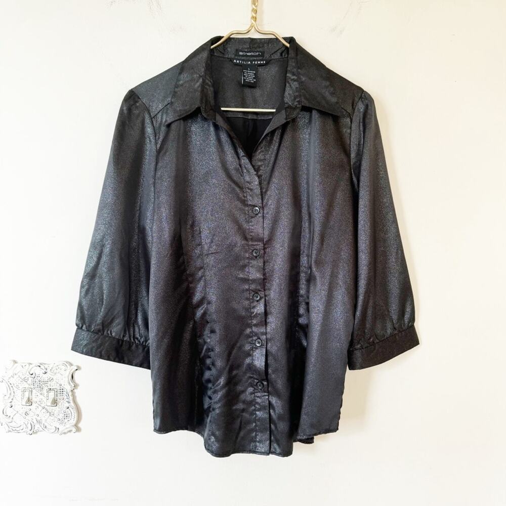 Antilia Femme Black Silver Shimmer Puff Sleeve Stretch Button Front Blouse L